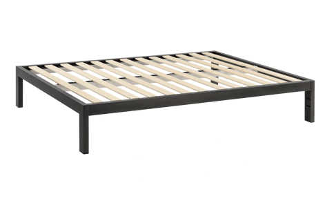 a black bedframe with wooden slats and center piece for additional support