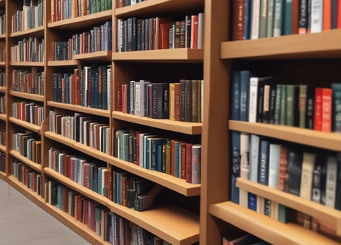 A collection of books and magazines is displayed, each with unique cover art and typography. Some covers feature historical illustrations, while others show text in various languages. The image is in black and white, enhancing the vintage and classic appearance of the publications.