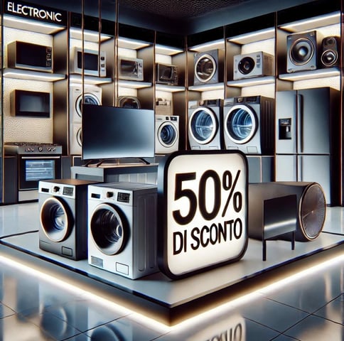 Negozio moderno con elettrodomestici in esposizione. Al centro un cartello con la scritta 50% DI SCONTO stile cartoon