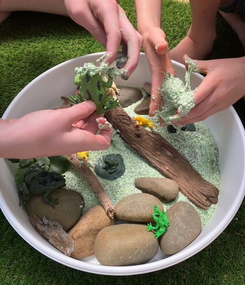 Sensory pond play with chia slime and frogs.