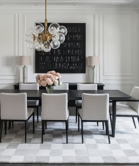 a dining room with a chandelier chandelier and a chandelier