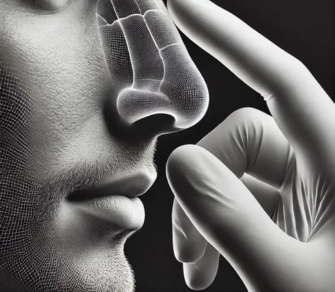 Man's nose being marked by gloved hands, preparing for cosmetic procedure.