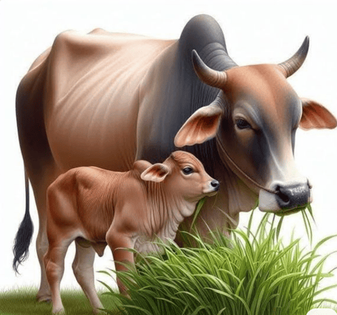 a cow and her calfer are standing in the grass