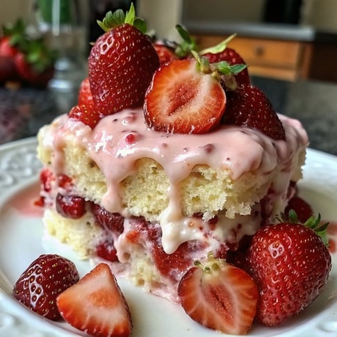 a piece of cake with strawberries on a plate