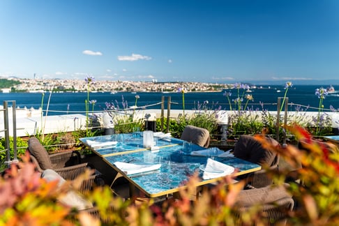 a table with a table setting on a sunny day