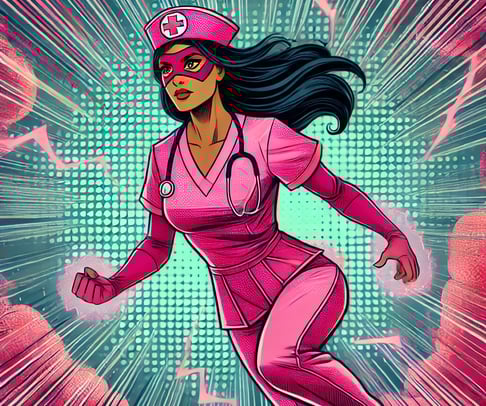 Nurse Nova vigilantly flying through the clouds in her pink scrub super suit with hands glowing with pink healing power.
