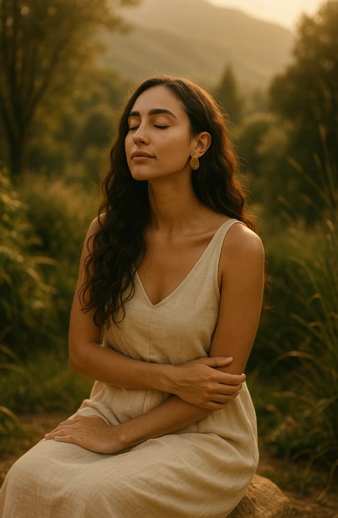 Mulher em silêncio de olhos fechados, simbolizando reconexão energética e clareza interior