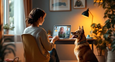 a woman sitting at a desk with a dog
