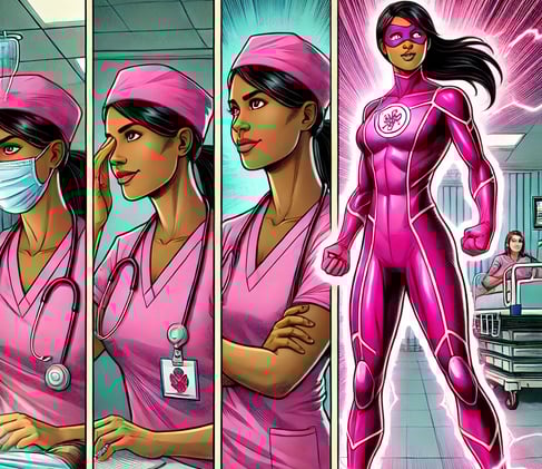Nurse nova wearing signature pink scrubs and cap transforming into Nurse Nova wearing a pink electricity beaming hero suit.