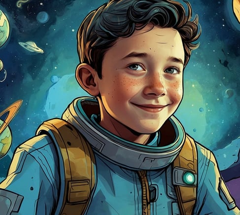 Portrait photo transformed into a young boy in a space suit and a space shuttle