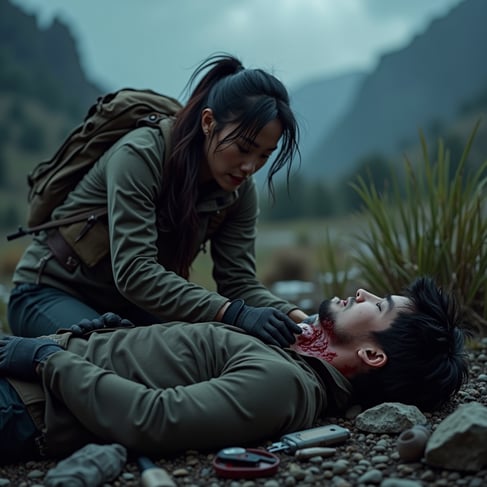 Asian woman healing white male on battlefield