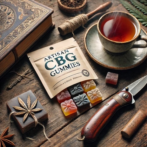 Artisan CBG gummies with tea, a handcrafted journal, and a meditation knife on a rustic table.