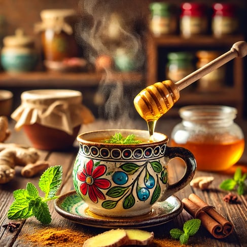 a cup of hot tea with a honey spoon and mint