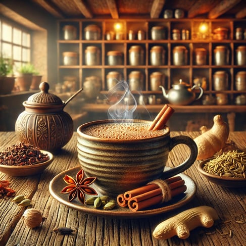 Steaming cup of masala chai surrounded by spices on a rustic wooden table.