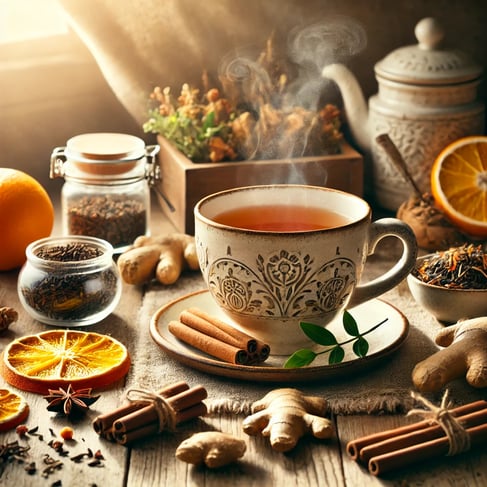 A steaming cup of herbal tea surrounded by ginger root, orange slices, cinnamon sticks, and fresh herbs on a rustic table