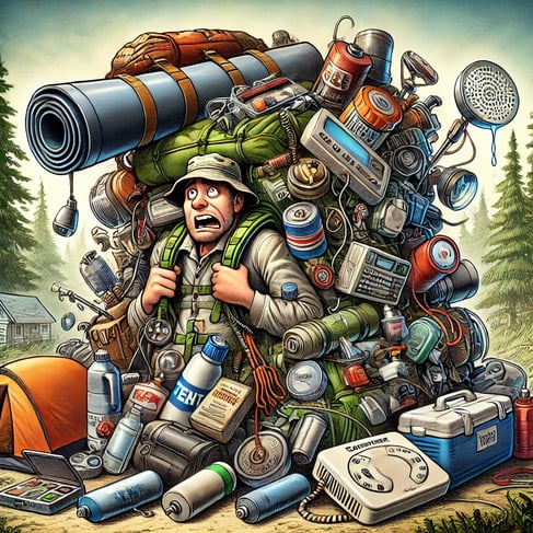 Cluttered survival backpack with unnecessary gear in a chaotic wilderness setting