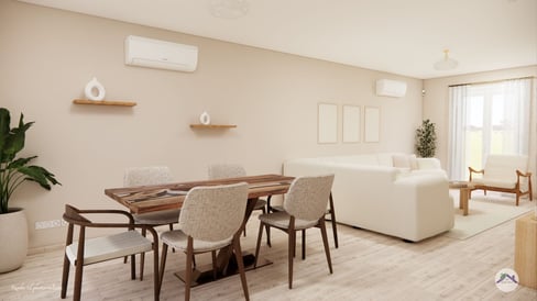 séjour-salle à manger minimaliste et intemporel,  table en epoxy et espace tv avec grand canapé