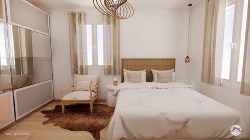 Chambre tiente douce, mobilier en bois, tapis peau de vache 