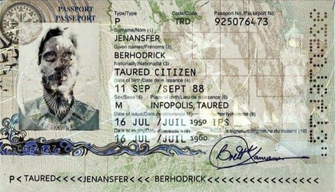 Customs officer confused by a Taured passport in 1950s-style setting