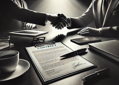 Fotografía ultra realista en blanco y negro de la negociación y firma de un contrato