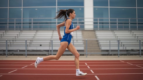 Femme qui cours sur une piste d'athlétisme.