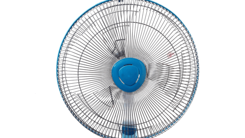 a fan on a white background with a blue fan