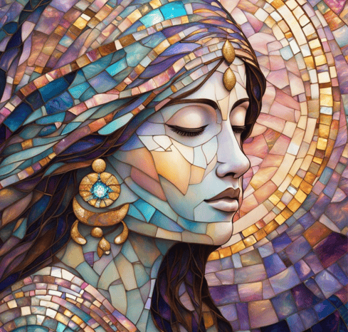 mosaic woman, spiritual, eeys closed, shades of pastel rainbows.