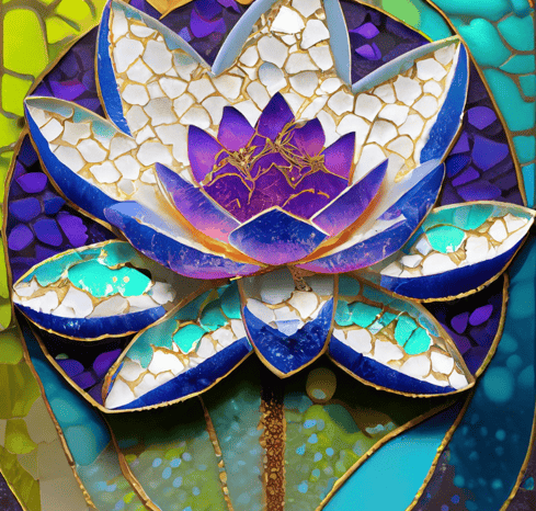 mosaic white lily flower, with shades of purple blues , whites and greens.