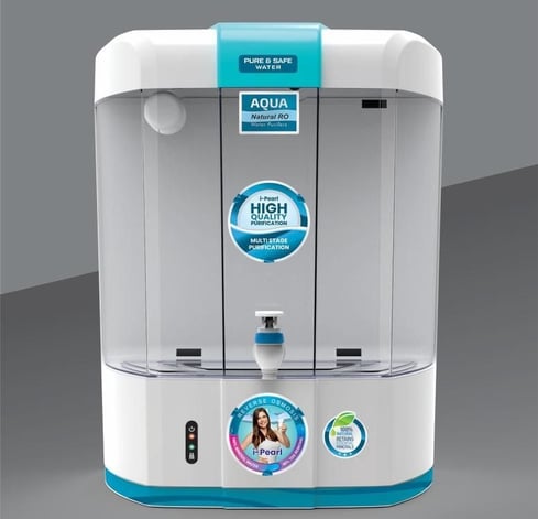 a water purifier with a blue and white background