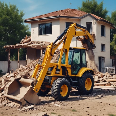 An orange excavator is performing demolition work amidst a pile of rubble and debris, surrounded by partially demolished buildings. The machine is branded with 'Hitachi' on its side and is set against a backdrop of brick and concrete structures.