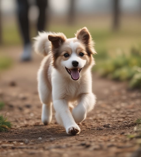 A small, fluffy brown dog with its tongue out sits playfully in a wooden crate. The background features a tiled floor with soft, neutral tones, providing a cozy and warm atmosphere.