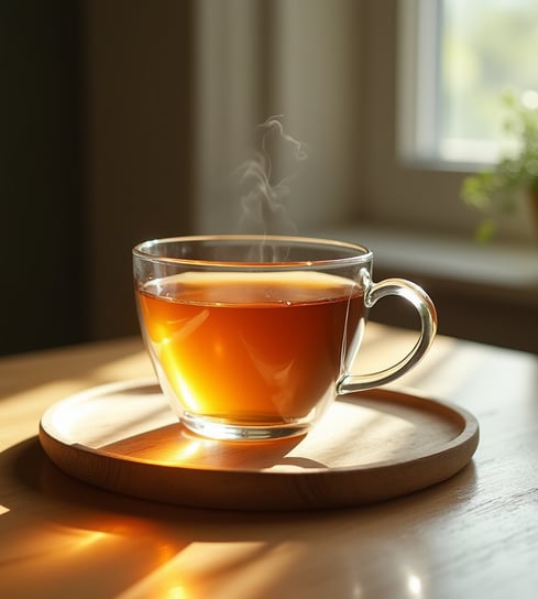 a cup of tea on a tray of tea
