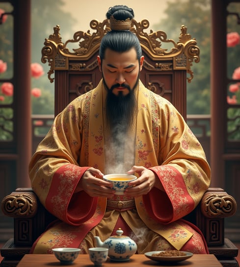 a man in a chinese dress sitting in a chair drinking tea