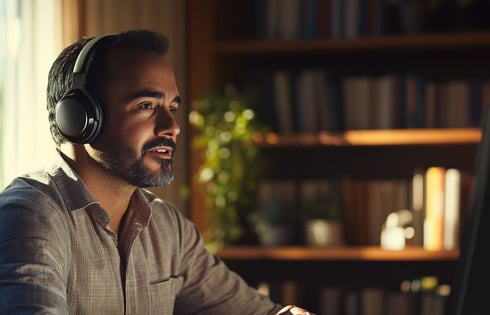 Profesor mexicano en videollamada desde oficina moderna con libros, planta y luz natural