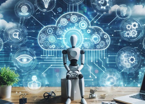 Robô humanoide em escritório moderno com hologramas de IA, automação e computação em nuvem