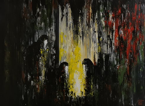 a painting of a group of refugee people