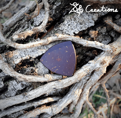 One of our Pythagorean coconut shell guitar picks on top of a vine encrusted branch.