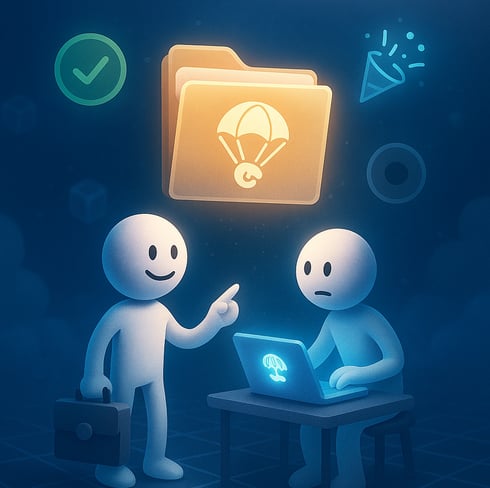 A digital illustration of two humanoid figures in a futuristic setting. One stands pointing toward a