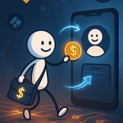 A modern digital illustration of a smiling stick-figure character handing a glowing dollar coin to a