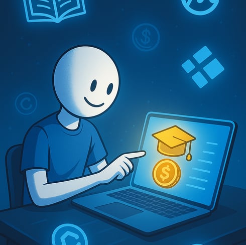 A cheerful stick-figure character sits at a desk, interacting with a glowing laptop that displays a 