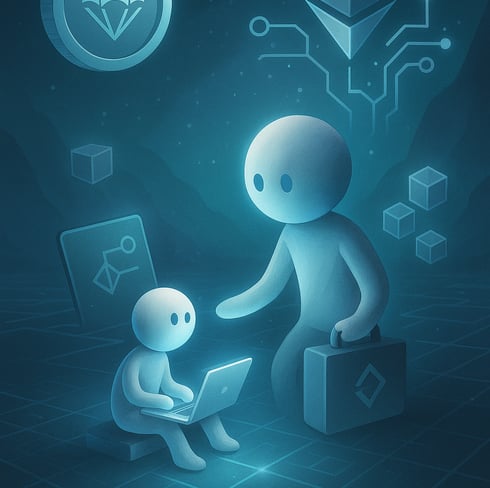A futuristic digital illustration of two humanoid figures interacting with a glowing laptop on a blu
