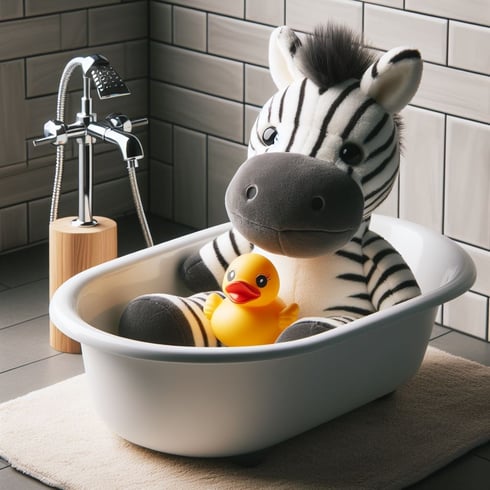 Plush zebra with a rubber ducky in an empty tub