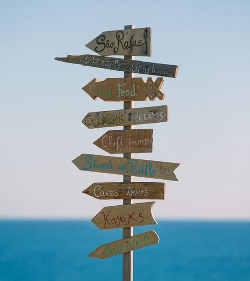 a wooden sign post with a lot of signs on it, with island - beach vibes