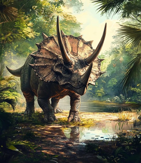 Een Triceratops in het bos bij een meer