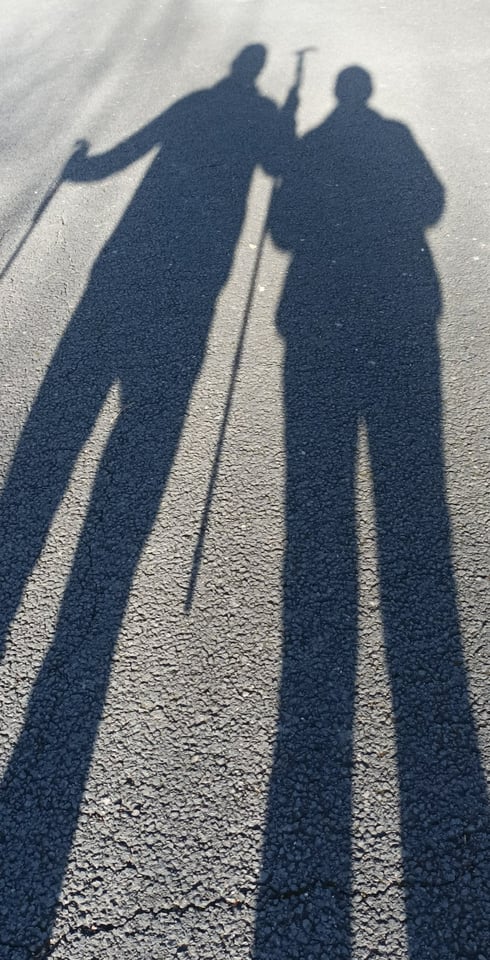 Our shadows on the forest floor