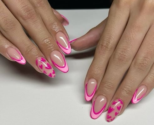 Valentine's day nails pink French outlined with pink hearts