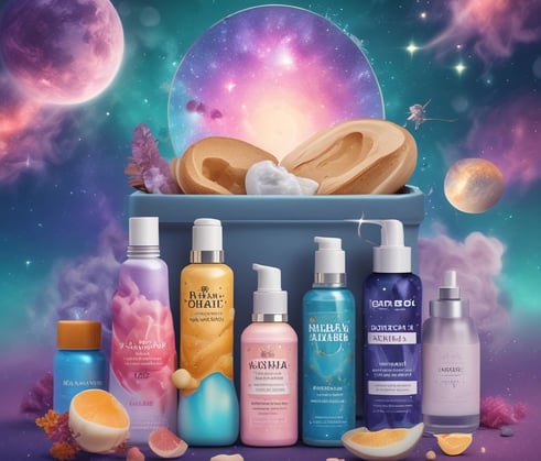 Several wellness products are arranged on a surface. There is a box labeled 'Eir Health Sleep No. 10' that indicates it contains CBD products for calming and sleep aid, featuring evening oil with lavender and melatonin. Beside it, a pouch labeled 'Midnight Chill' contains bath salts. In front, there is a bath bomb with a subtle gray and blue design.
