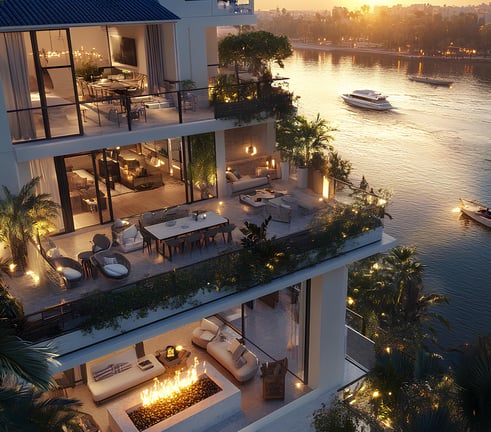 Luxury balcony overlooking the New Nile in Jirian City – modern design, elegant outdoor seating, and