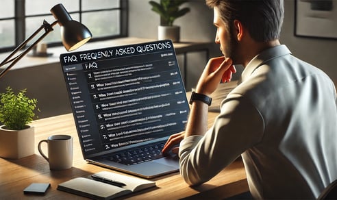 Illustration of a person reading a FAQ section on a laptop.