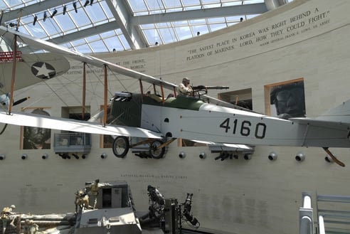Word War 1 Allied observation bi-plane with rear gunner aiming a Lewis gun in Marine Corps museum
